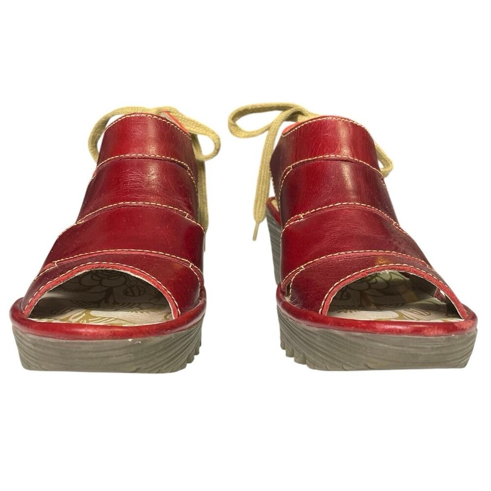 EUC - Fly London Yown Deep Red Leather Wedge Sandals - Picture 3 of 7